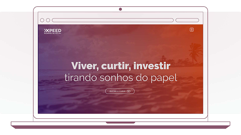 Macbook com imagem de abertura do curso, onde tem a marca da Xpeed e o titulo. "Viver, curtir, investir: tirando sonhos do papel".